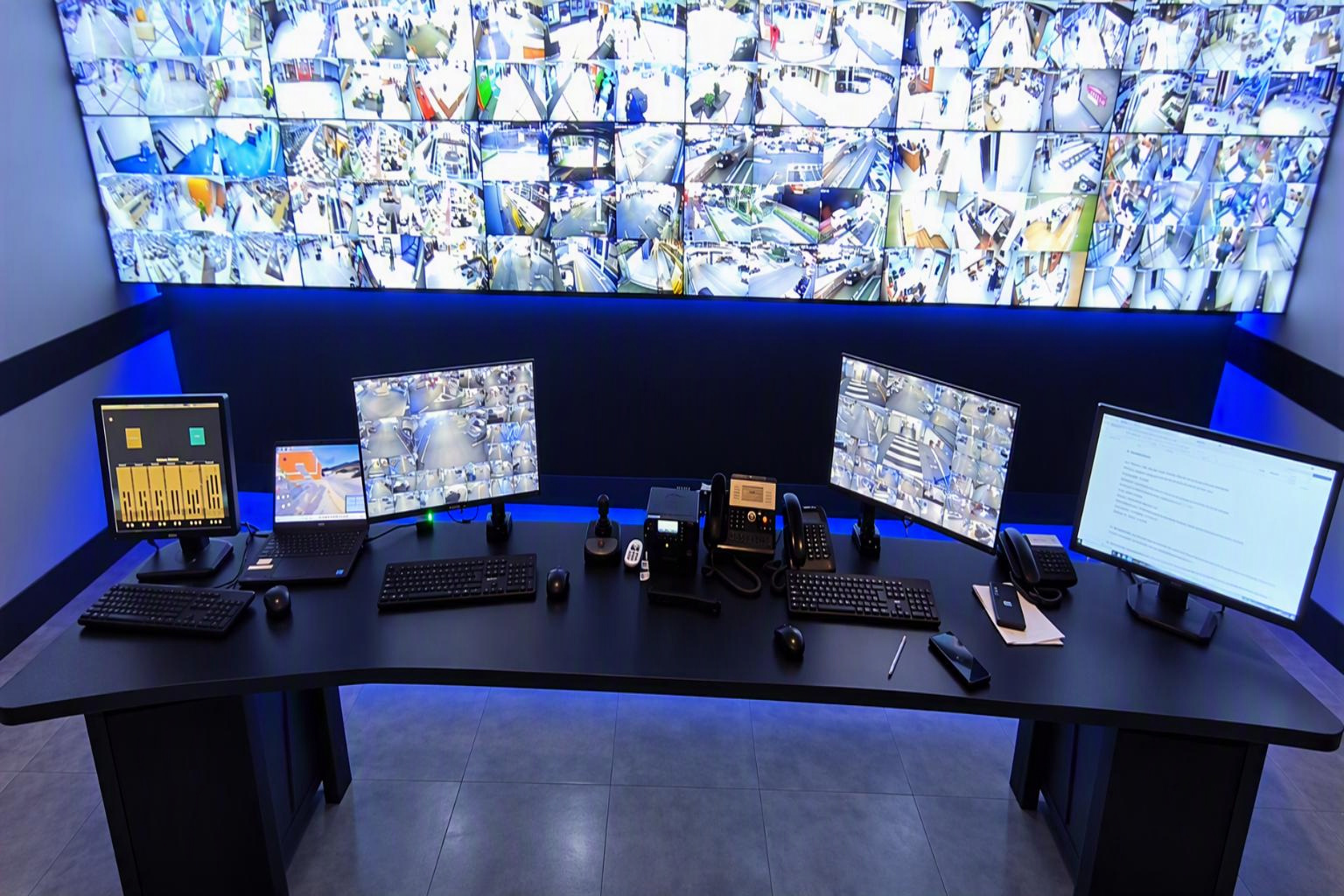 Centro de controle e monitoramento com videowall e estações de operação